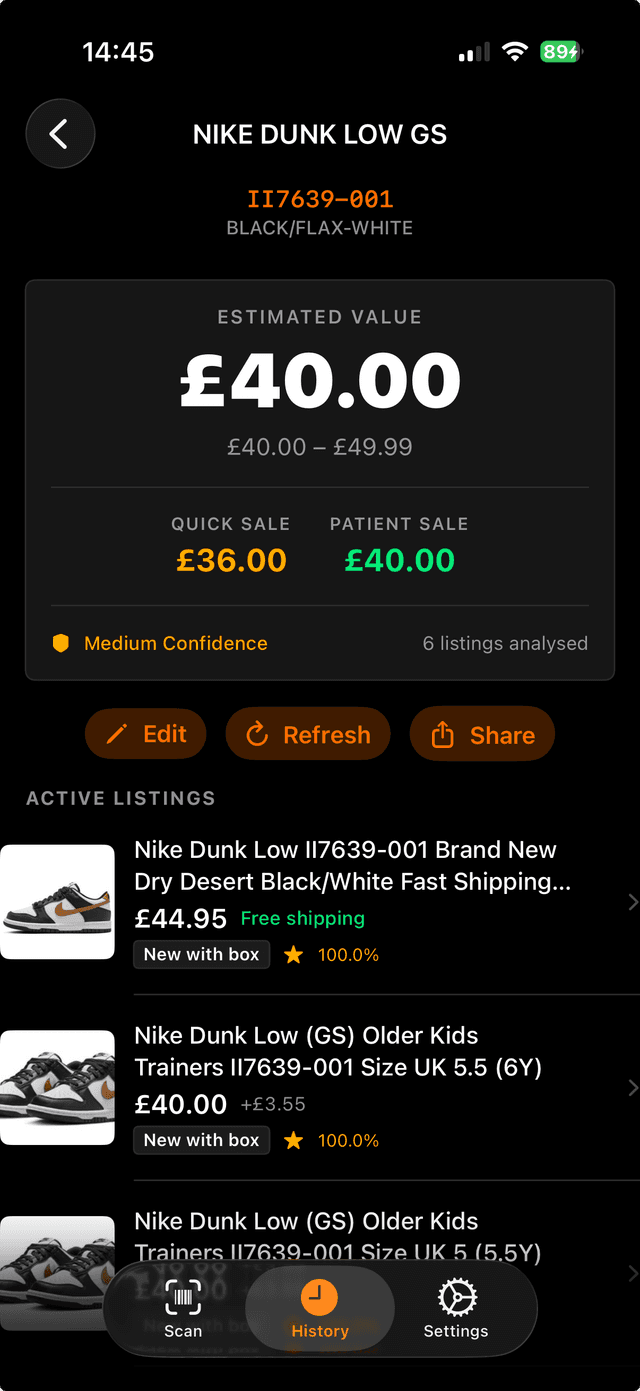 SneakerScan showing market results and product data